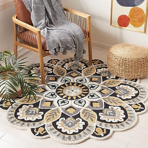 SAFAVIEH Novelty Collection Area Rug - 7' Round, Ivory & Black, Handmade Boho Floral Rustic Country Wool, Ideal for The Living Room, Dining Room, Bedroom (NOV604Z-7R)