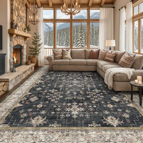 Boho Black Rug for Living Room - Washable 10x14 Area Rug, Dining Room Rugs for Under Table, Soft Low Pile Carpet for Large Bedroom - Farmhouse Decor, Non-Slip & Stain Resistance (10x14 Black/Multi)