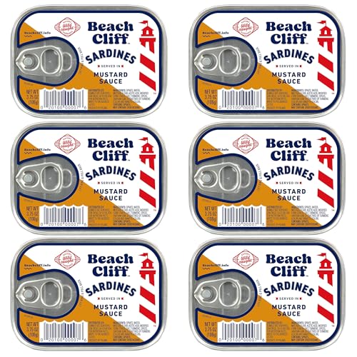 Beach Cliff Wild Caught Sardines in Mustard Sauce, 3.75 oz Can - 16g Protein per Serving - Gluten Free, Keto Friendly - Great for Pasta & Seafood Recipes (Pack of 6)