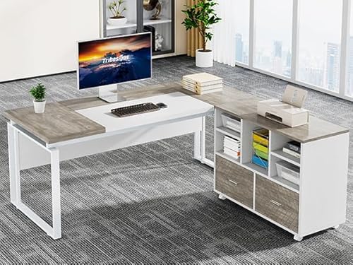 Tribesigns L-Shaped Executive Desk with Reversible File Cabinet, 63" Office Desk with Storage Drawers, L-Shaped Computer Desk with Drawer Cabinet for Hanging Letter Size Files,Gray & White