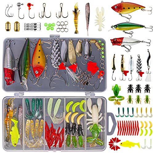 GOANDO Fishing Lures Kit for Freshwater Bait Tackle Kit for Bass Trout Salmon Fishing Accessories Tackle Box Including Spoon Lures Soft Plastic Worms Fishing Gifts