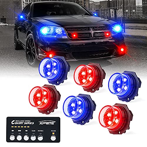 Xprite Red Blue LED Hideaway Strobe Police Lights Kit, 20 Flashing Patterns w/Control Panel for Headlights Taillights Hazard Warning Mounting, for Emergency Vehicles Volunteer Cop Cars Trucks 6PCS