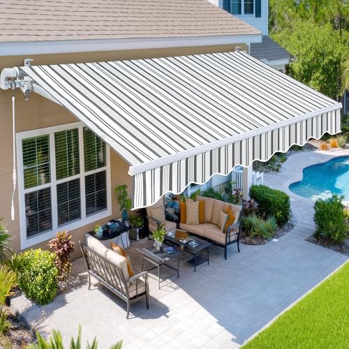 Paramondo 11.5'x9.8' Patio Awning Retractable Fully Assembled, Manual Sunshade Shelter Outdoor Deck Canopy Balcony Awning Cover - Premium Quality 280G Ployester Aluminum Frame, Grey with White Strips