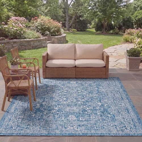 SAFAVIEH Washable Rug Outdoor Courtyard Collection - 6'7" x 9'6", Navy & Ivory, Non-Shedding & Easy Cleaning, Ideal for Patio, Backyard, Mudroom (CY8680-36821)