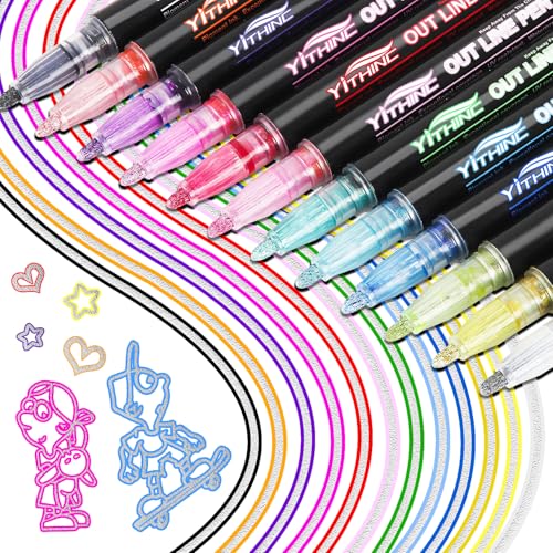 Outline Markers, 12 Metallic Shimmer Glitter Gel Pens, Tween Teen Girl Gifts Trendy Stuff, Cool Cute Art Craft School Drawing Supplies, Birthday Fun Kits for Kids Girls Ages 4 6 8 10 12 Year Old