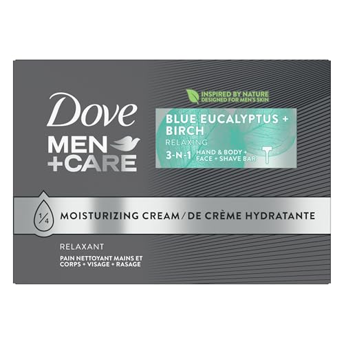 DOVE MEN + CARE Bar 3 in 1 Cleanser for Body, Face, and Shaving Blue Eucalyptus 8 Bars For Fresh, Healthy-Feeling Skin Body and Facial Cleanser More Moisturizing Than Bar Soap 3.75 oz