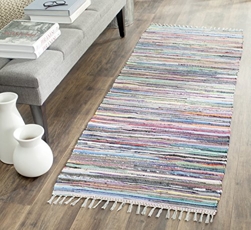 SAFAVIEH Rag Rug Collection Runner Rug - 2'3" x 14', Grey & Multi, Handmade Boho Stripe Cotton, Ideal for High Traffic Areas in Living Room, Bedroom (RAR121M)