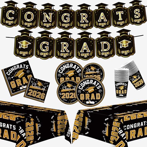 OHOME Graduation Decorations 2026 - Graduation Decorations Class of 2026 - Serve 24 - Black Plates Tablecloth Napkins Cups Banner - Graduation Party Favors Supplies