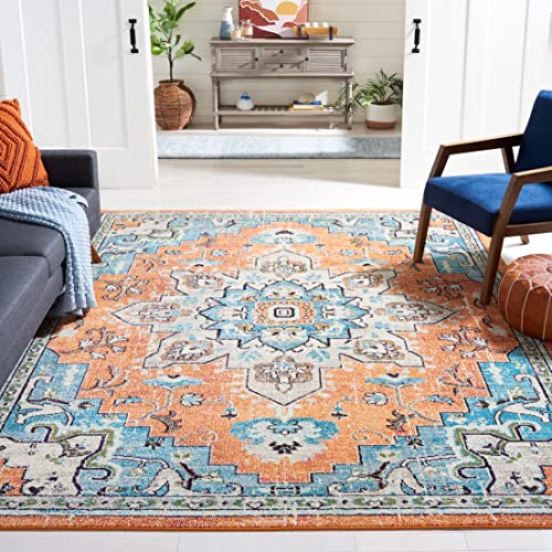 SAFAVIEH Area Rug 9x12 - Madison Collection - Large - Orange & Teal, Boho Chic Distressed Medallion Design, Non-Shedding & Easy to Clean, Ideal for Living Room, Bedroom, Dining Space (MAD473P)