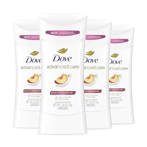 Dove Advanced Care Antiperspirant Deodorant Stick Peach & Chamomile Tea 4 Count for helping your skin barrier repair after shaving 72 hour odor control and all-day sweat protection 2.6 oz