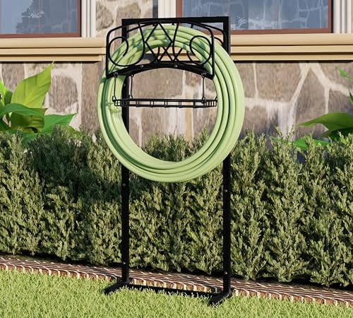 CALIDOLA Freestanding Garden Hose Organizer with Black Powder-Coated Finish - Heavy-Duty Detachable Hose Stand Holds 150FT Hose, Includes Storage Basket & Assembly Tools for Outdoor Use