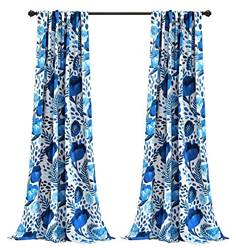 Lush Decor, Blue Poppy Garden Curtains Light Filtering Window Panel Set for Living, Dining, Bedroom (Pair) 95” x 52"