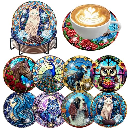 ijbnhd 8 PCS Animals Diamond Art Coasters Kit, Animals Diamond Painting Coasters with Holder, Non Slip Coaster Art Supplies for Adults Gift 4X4inch (Cork Wooden Pad)
