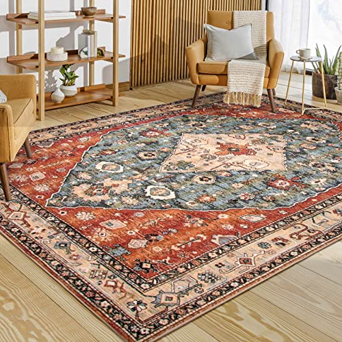Lahome Boho Tribal 8x10 Area Rugs for Living Room, 8 x 10 Washable Rug for Bedroom Aesthetic, Large Oriental Vintage Soft Dining Room Carpet for Under Table Playroom (Rust/Dull Teal,8x10ft)