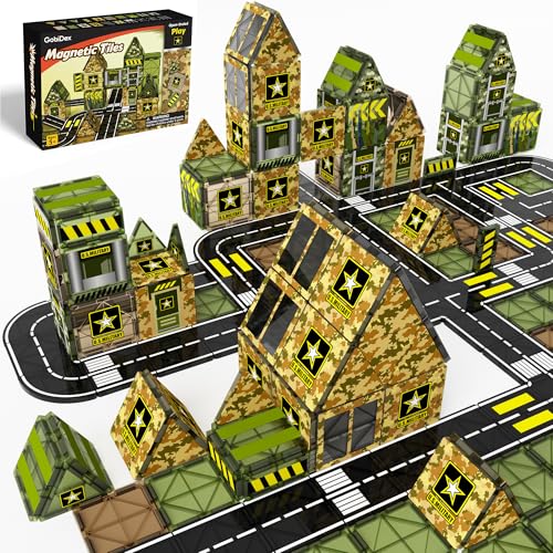 GobiDex Magnetic Tiles Army Toys, Military Magnetic Building Blocks for Kids 3-5 4-8 Girls Boys Toys Age 4-6 6-8, STEM Sensory Army Men Toddler Birthday Gifts for 3+ Year Old Kids Toy