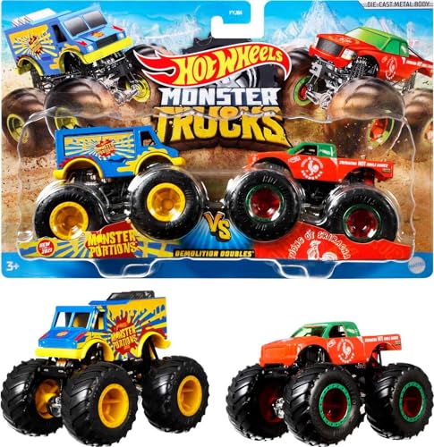 Hot Wheels Monster Trucks 2-Pack, Demolition Doubles Set of 2 Toy Vehicles in 1:64 Scale, for Kids & Collectors (Styles May Vary)