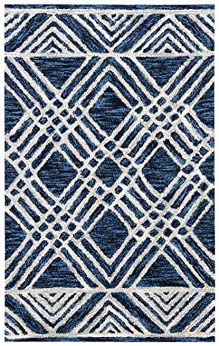SAFAVIEH Micro-Loop Collection Accent Rug - 2'6" x 4', Navy & Ivory, Handmade Moroccan Tribal Wool, Ideal for High Traffic Areas in Entryway, Living Room, Bedroom (MLP155N)