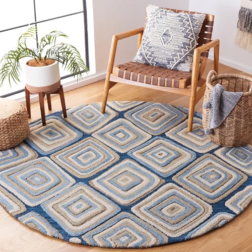SAFAVIEH Aspen Collection Area Rug - 6' Round, Blue & Beige, Handmade Boho Wool, Ideal for High Traffic Areas in Living Room, Bedroom (APN350M)