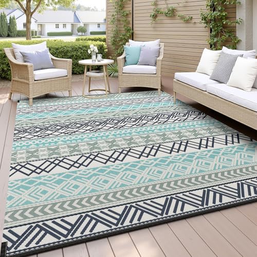 MontVoo Outdoor Rug Carpet Waterproof-Patio Rug Mat 5x8 Reversible RV Outdoor Camping Rugs Picnic Beach Mats Plastic Straw Outside Rugs for Balcony Porch Pool Deck Boho Patio Decor