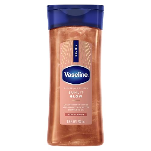 Vaseline Glazed and Glisten Sunlit Glow Body Gel Oil Vanilla Cocoa Shimmering with Ultra-Hydrating Lipids and 100% Pure Cocoa Butter, 6.8 Oz