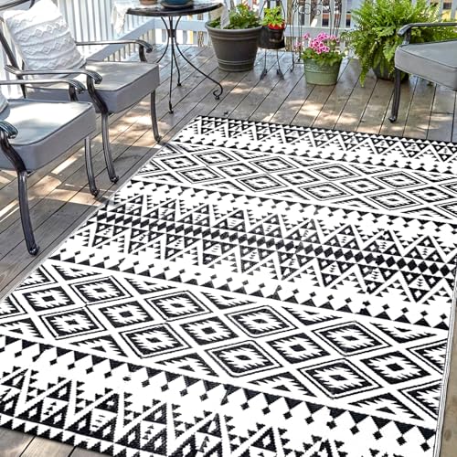 Waterproof Outdoor Rug 5x8ft, Bohemia Reversible Plastic Straw Mat for Patio RV Deck Porch Backyard Balcony Camping Picnic Beach Indoor Outdoor Carpet, Black&White