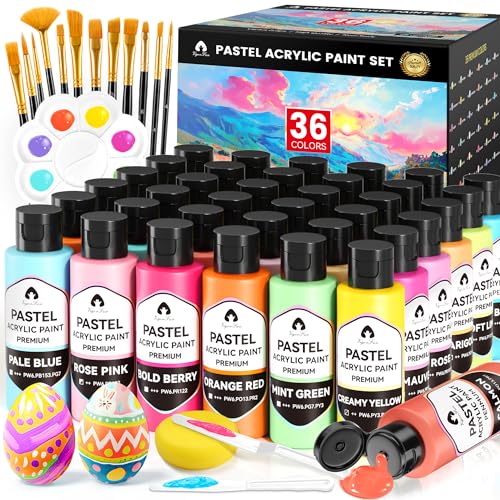 52 Pcs Pastel Acrylic Paint Set with 12 Brushes, 2 Knives & Palette, 36 Colors (2oz/60ml) - for Adults, Artists & Beginners - Canvas Ceramic Rock Wood Egg Painting Kit