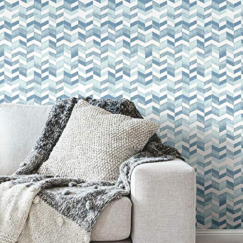 RoomMates RMK11357RL Paul Brent Blue and White Watercolor Chevron Peel and Stick Wallpaper
