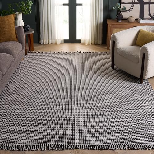 SAFAVIEH Montauk Collection Area Rug - 9' x 12', Ivory & Black, Handmade Flat Weave Boho Farmhouse Cotton Tassel Fringe, Ideal for High Traffic Areas in Living Room, Bedroom (MTK340D)