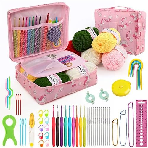 iKumar 59 Pcs Crochet Kit for Beginners Adults, Crochet Kits Include Yarn and Storage Bag, Crochet Starter Kit for Beginners, Ergonomic Crochet Hooks 2.0-6.0 mm, Lace Steel Needles 0.6-1.9 mm