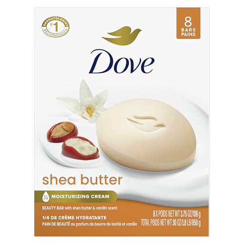 Dove Shea Butter Beauty Bar Soap 8 Count, Nourishing Cleanser, 3.75 oz I Moisturizing beauty bar with ¼ moisturizing cream and shea butter for soft, radiant skin