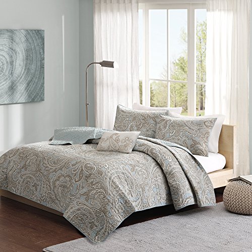 Madison Park Pure Ronan 100% Cotton Quilt Set - Casual Paisley Design, All Season, Lightweight Coverlet Bedspread Bedding, Shams, Decorative Pillows, Full/Queen(88"x92"), Blue 4 Piece