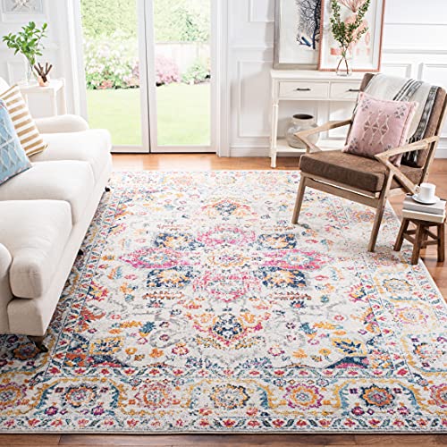 SAFAVIEH Madison Collection Area Rug - 8' Square, Purple Pink Fuchsia & Ivory Boho Chic Distressed Design, Non-Shedding & Easy Cleaning, Ideal for Living Room, Bedroom, Office, Dining Space (MAD603R)
