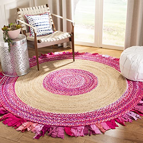 SAFAVIEH Cape Cod Collection Area Rug - 6' Round, Pink & Natural, Handmade Boho Fringe Jute & Cotton, Ideal for High Traffic Areas in Living Room, Bedroom (CAP701U)