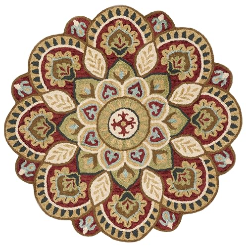 SAFAVIEH Novelty Collection 7' Round Red/Taupe NOV604Q Handmade Floral Premium Wool Entryway Foyer Living Room Bedroom Kitchen Area Rug
