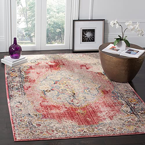 SAFAVIEH Bristol Collection Area Rug - 7' Square, Rose & Light Grey, Boho Chic Medallion Distressed Design, Non-Shedding & Easy Care, Ideal for High Traffic Areas in Living Room, Bedroom (BTL343B)
