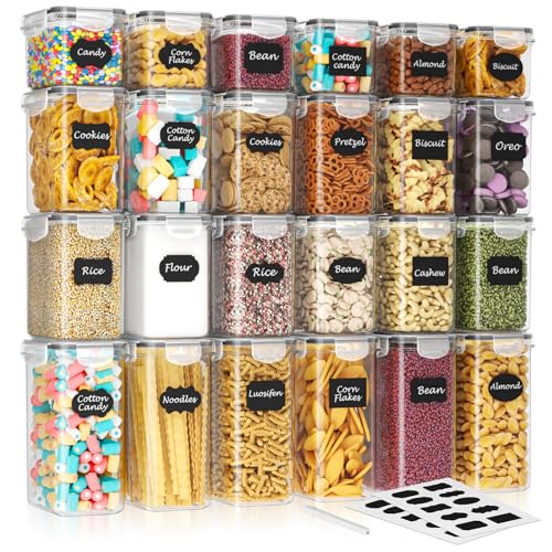 SNSLXH Airtight Food Storage Containers with Lids, 24 pcs Plastic Pantry Organizers and Storage Canisters for Cereal, Dry Food, Flour and Sugar, BPA Free, Includes 24 Labels