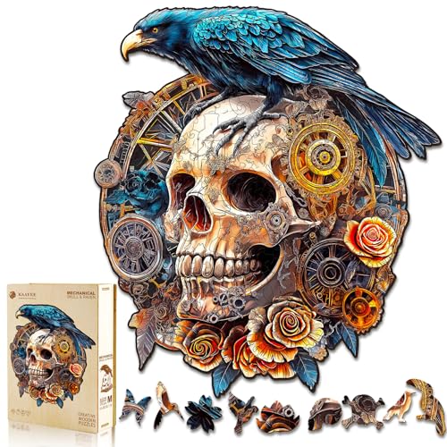 KAAYEE Wooden Puzzles Adults, Raven & Mechanical Skull Jigsaw M-11.4*10.1in