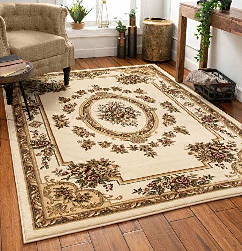 Well Woven Timeless Collection Le Petit Palais Ivory 6x9 Luxurious Traditional French Aubusson Medallion Oriental Area Rug Perfect for Living Room Bedroom or Dining Room Easy-to-Clean Durable Design