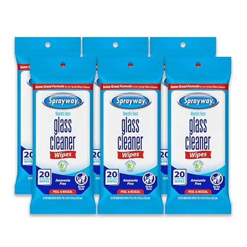 Sprayway Glass Cleaner Wipes, 20ct, Pack of 6 | On-the-Go Resealable Package, Pre-Moistened | Original Ammonia-Free Formula | Removes Fingerprints, Dust, Dirt | All Glass Surfaces