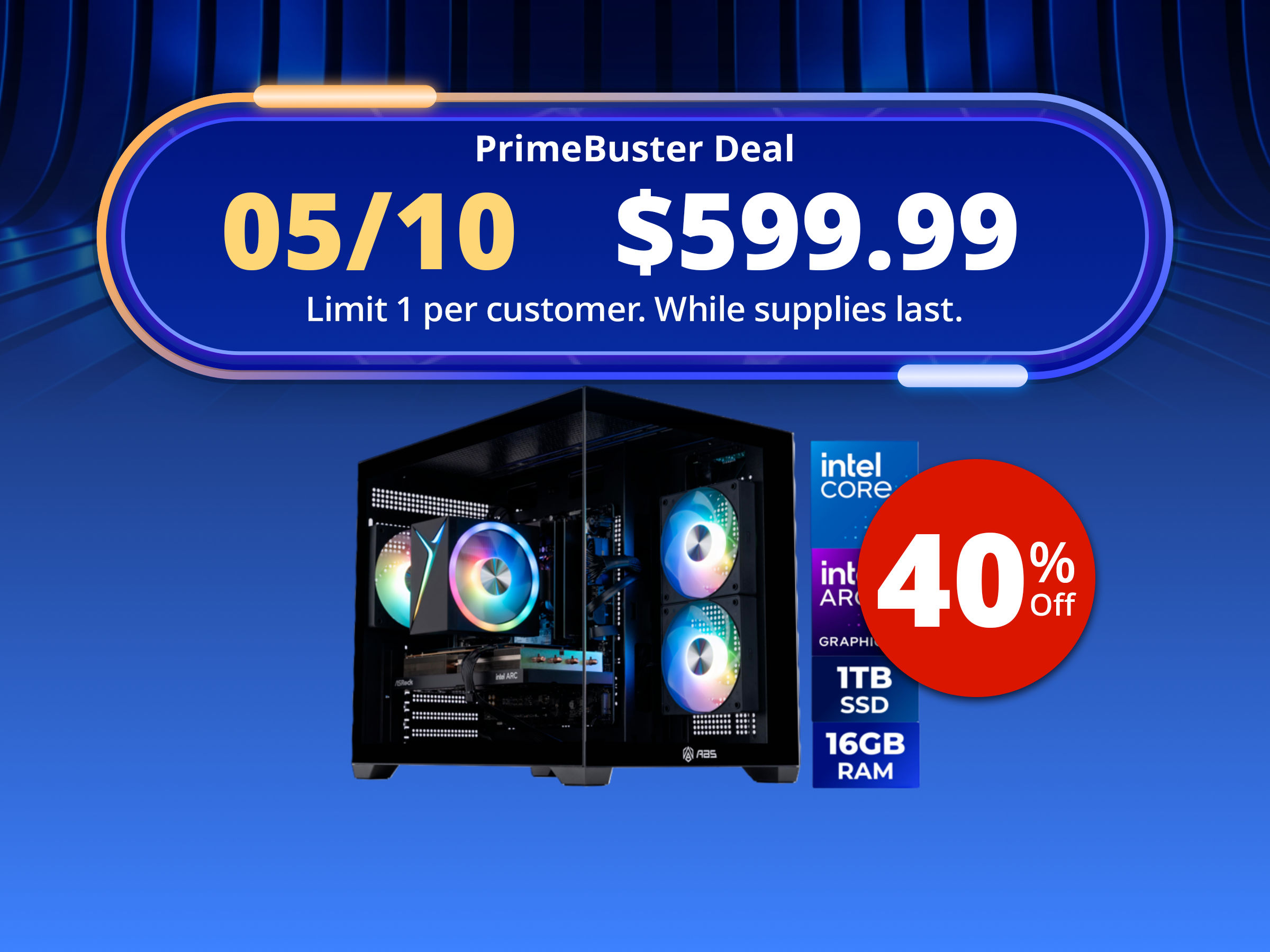 ABS Flux II Aqua Gaming PC - Windows 11 - Intel Core 5 120 - Arc A580 8GB - 16GB DDR4 3200 - 1TB M.2 SSD