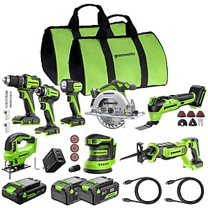 GREENWORKS 24V (8-TOOL) Combo (Drill, Impact Driver, Circular Saw, Reciprocating Saw, Jigsaw, Multi-Tool, Sander, Flashlight)