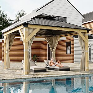 Garvee 12x12 ft Hardtop Gazebo with Nettings and Curtains, Wood Grain Heavy Duty Double Roof Galvanized Steel Outdoor Combined of Vertical Stripes Roof for Patio $901.15