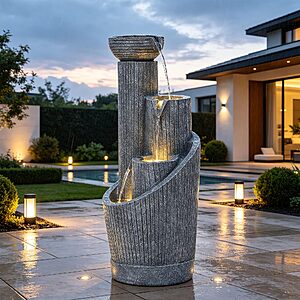 Autodaya 31" Modern Outdoor Water Fountain with Lights, Fluted Concrete $129.96 @Amazon