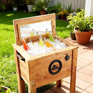 Backyard Expressions Wooden Patio Cooler with Plastic Insulated Liner & Bottle Opener &ndash; Rustic Outdoor Ice Chest for Deck, Porch, or Backyard Parties $42.87