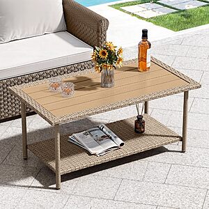 YITAHOME Outdoor Wicker Coffee Table with Storage, 39.4" 2 Tier Rectangle Patio Coffee Table, All-Weather Rattan Outdoor Storage Table $53.99