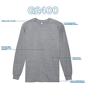 72 t-shirts Gildan Adult Ultra Cotton Long Sleeve T-Shirt, unisex, men's or women's, Style G2400, Multipack, Sport Grey, XX-Large $145.89