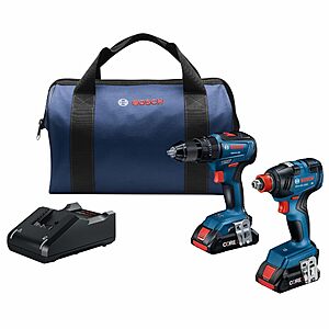 Bosch GXL18V-233B25 18V 2-Tool Combo Kit with 1/2 In. Hammer Drill/Driver, Two-In-One 1/4 In. and 1/2 In. Bit/Socket Impact Driver/Wrench and (2) CORE18V&reg; 4 Ah Advanced $245.70