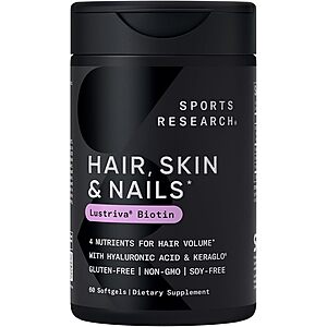 Sports Research® Hair, Skin & Nails Complex - Supports Hair Growth, Glowing Skin & Strong Nails - w/Lustriva® Biotin, Collagen, Hyaluronic Acid & KeraGLO® Keratin - Non-GMO, Gluten-Free, 60 Softgels