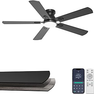 Prime: 52" Phylluz Flush Mount Ceiling Fan w/ Dimmable LED Light & Remote Control (Black) $47.99 & More + Free Shipping