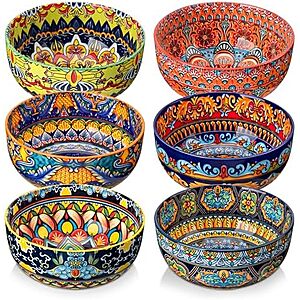 vancasso Cereal Bowls Set of 6, Porcelain Bowls for Eating, 28 oz Colorful Soup Bowls, Bohemian Ceramic Bowls for Salad, Fruit, Pasta, Microwave & Dishwasher Safe Bowls Set